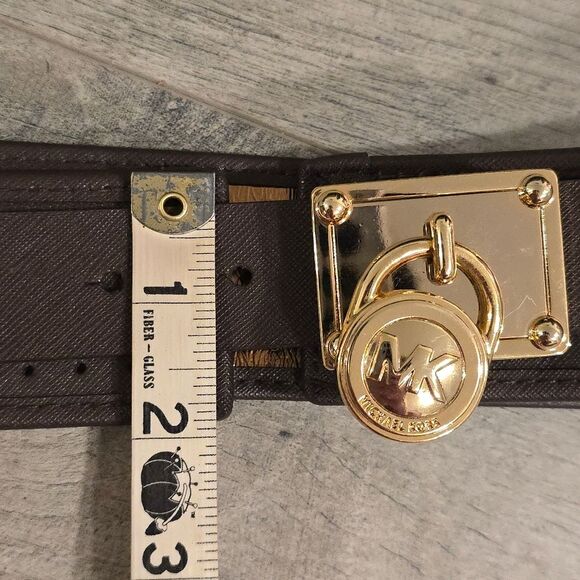 Michael Kors Genuine Brown Leather Perforated Belt Logo Lock Buckle L - Picture 6 of 8